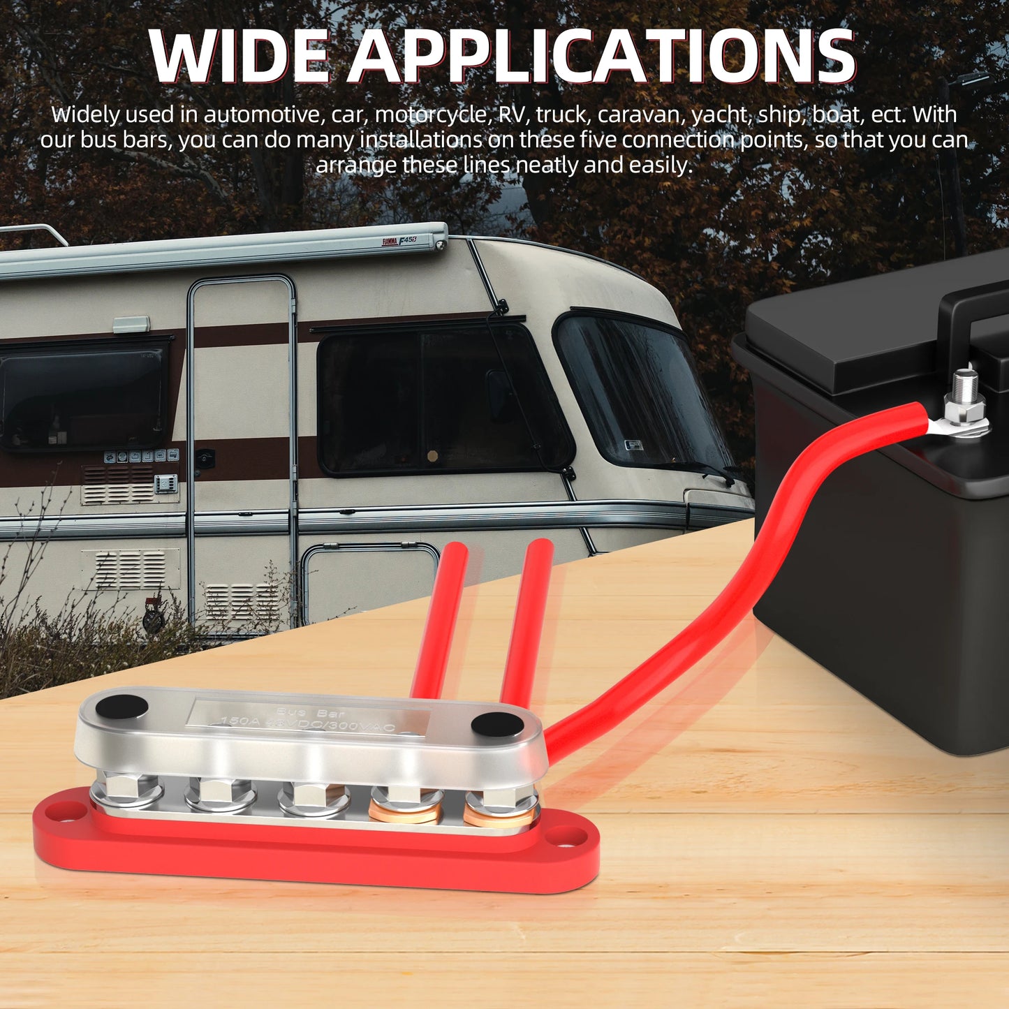 DaierTek Bus Bar 12V Power Distribution Block with Cover 5 x 1/4" Studs Terminal Block Max 150A 48VDC Positive Negative for Auto