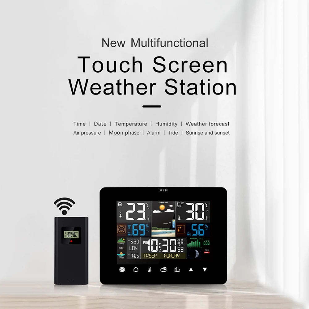 Weather Station Alarm Clock Thermometer Hygrometer Touch Screen Wireless Sensor Sunrise Sunset Multifunction Hygrothermograph