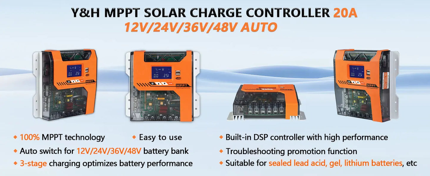 Y&H MPPT 20A 40A 60A Solar Charger Controller 12V 24V 36V 48V Battery Regulator Max PV Input 150VDC For AGM, Gel, Flooded and Li