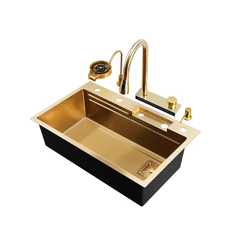 Waterfall Kitchen Sink Single Bowl Kitchen Sinks Gold 304 Stainless Steel Bar Sink With Pull-Faucet，Nano Home Sink  ﻿
