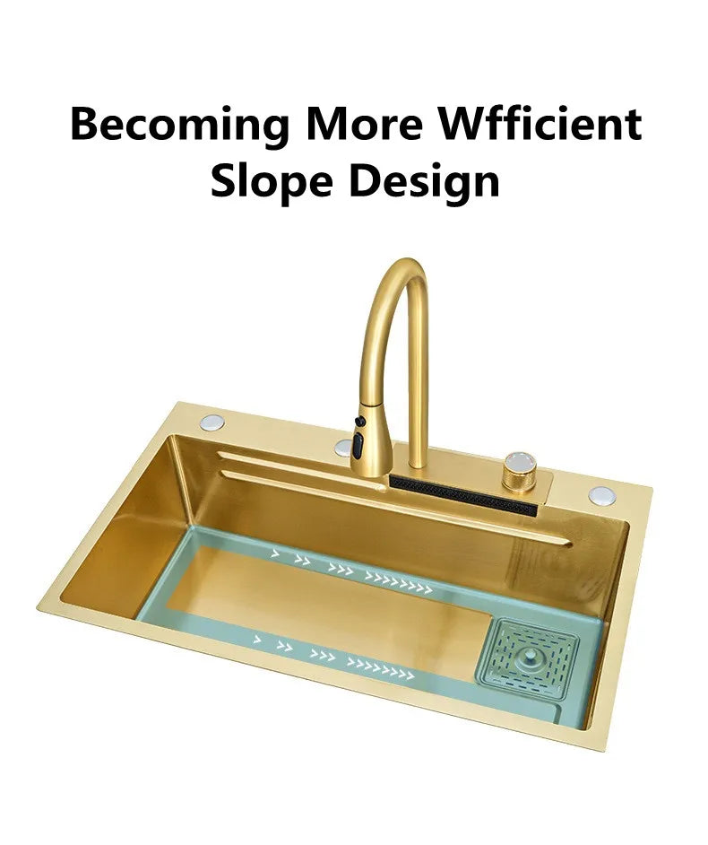 Waterfall Kitchen Sink Single Bowl Kitchen Sinks Gold 304 Stainless Steel Bar Sink With Pull-Faucet，Nano Home Sink  ﻿