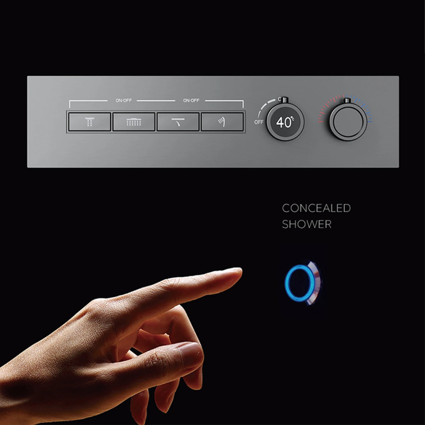 Modern brushed gold brass LED digital ceiling embedded shower system. Thermostatic 4-function waterfall/rain shower bathroom Tap