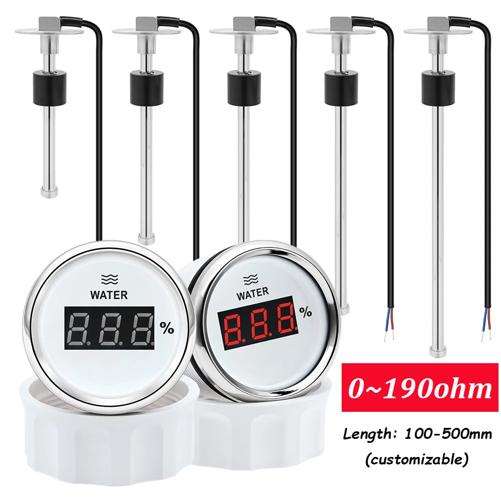 2"52mm Car Digital Gauge A5 Fuel Float Sensor 0~190ohm With Indicator Water Level Tank Meter Red Backlight for Yacht Marine Boat