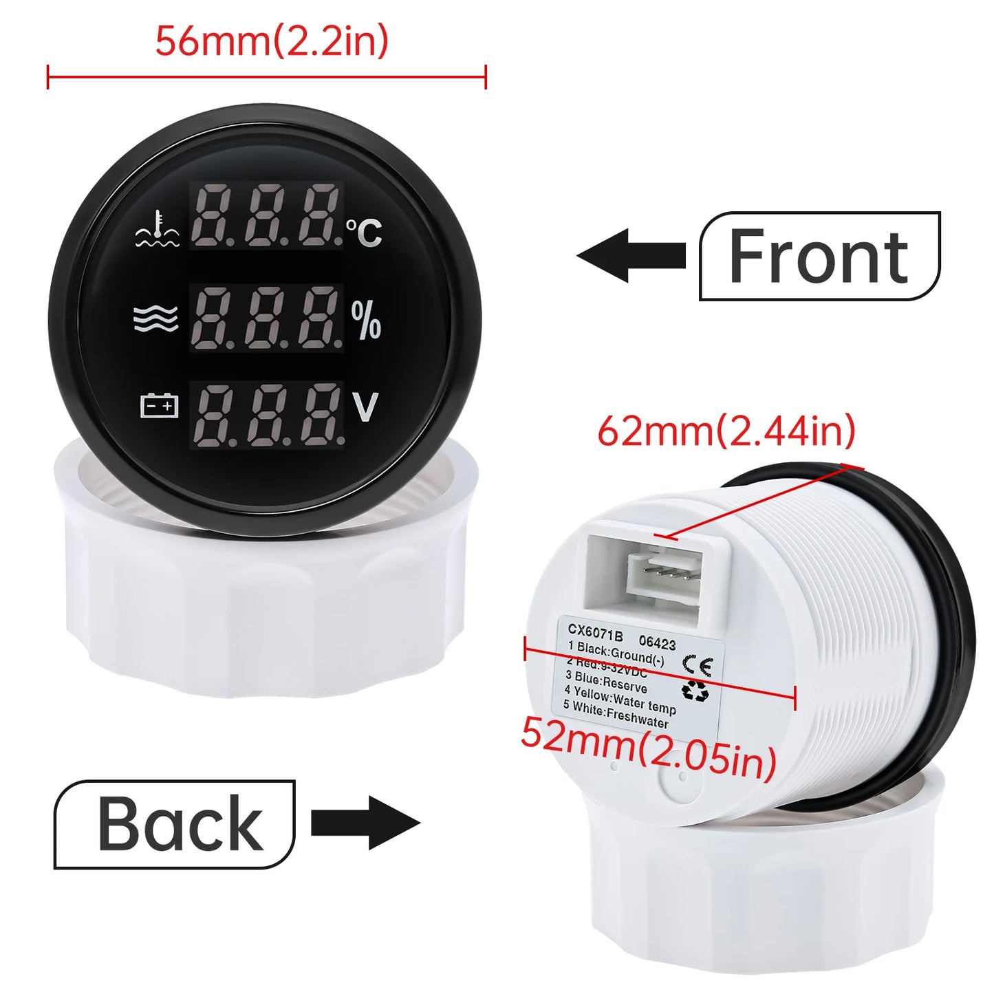 Red Backlight Digital 52mm Gauge Multifunctional Water Temp+Water Level+Voltage with Alarm Sensor for Car Boat Yacht DC12V 24V
