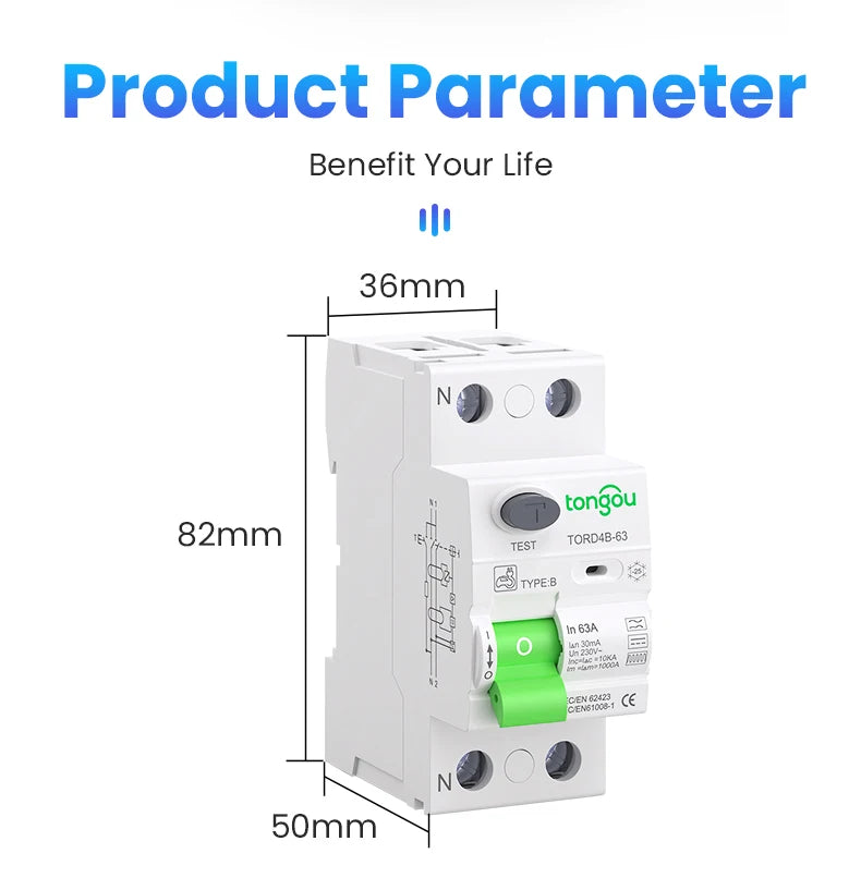 RCCB RCD DC Electric Vehicle EV Charging Pile Residual Current breaker  2P 63A 30mA Type B 10KA  Din Rail Earth Leakage TONGOU