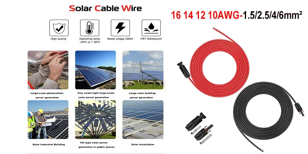 1Pair of Solar Extension Cables with Pair of Male and Female Connectors 10/12/14/16AWG Tinned Copper Solar Cables for PV Systems