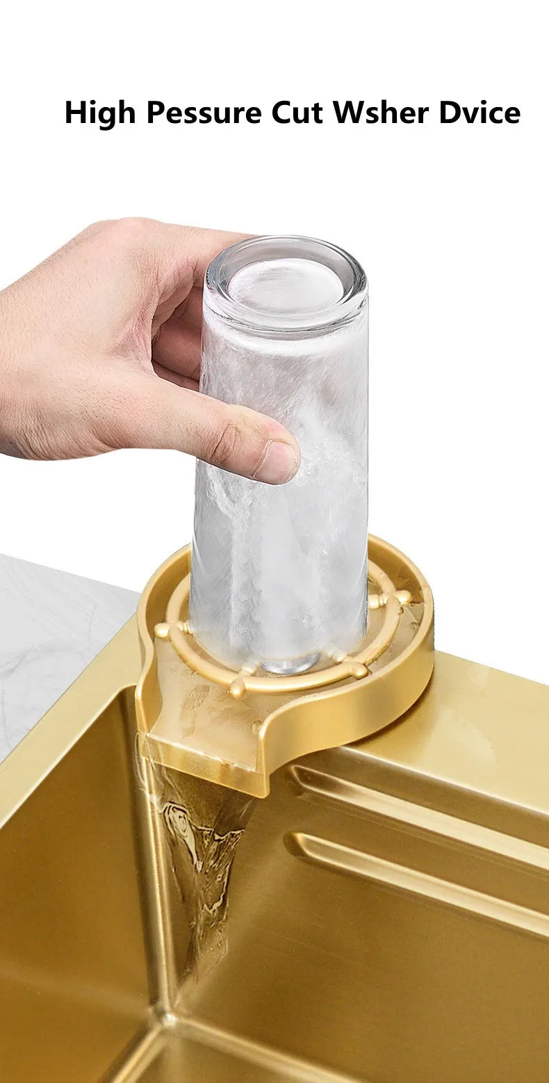 Waterfall Kitchen Sink Single Bowl Kitchen Sinks Gold 304 Stainless Steel Bar Sink With Pull-Faucet，Nano Home Sink  ﻿