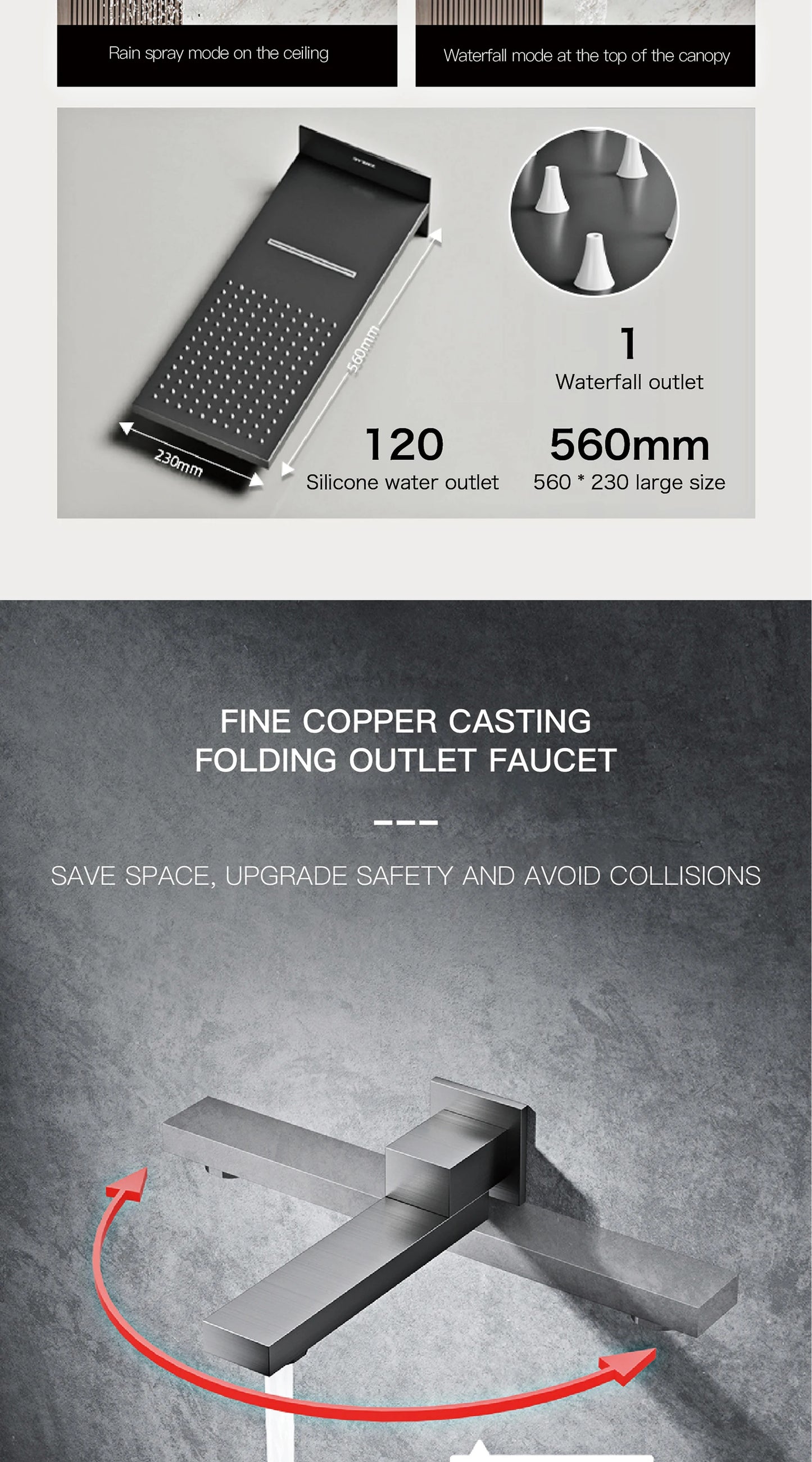 Modern brushed gold brass LED digital ceiling embedded shower system. Thermostatic 4-function waterfall/rain shower bathroom Tap