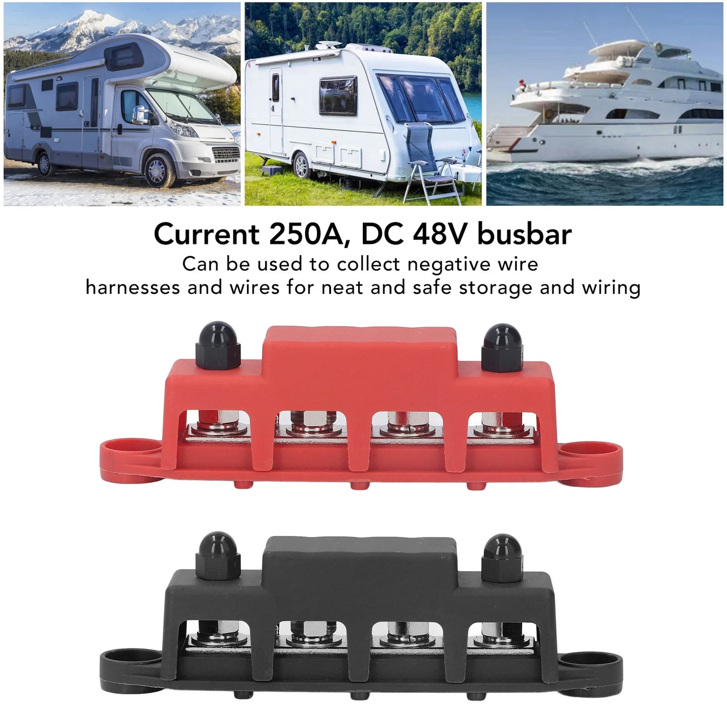 2Pcs DC 12V-48V 250A Bus Bar Terminal Battery Power Distribution Block With Cover M8 Screw 4 for Automobile Boat RV Truck