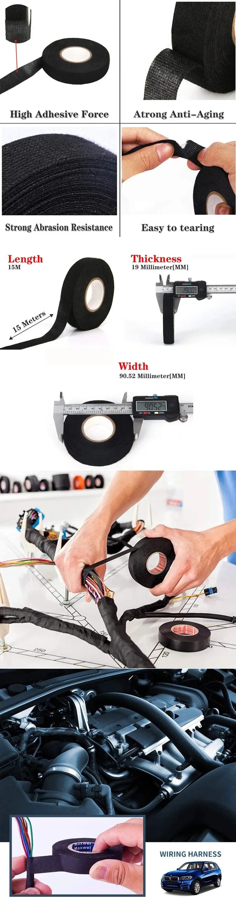 15 Meter Heat-resistant Flame Retardant Tape Coroplast Adhesive Cloth Tape For Car Cable Harness Wiring Loom Protection