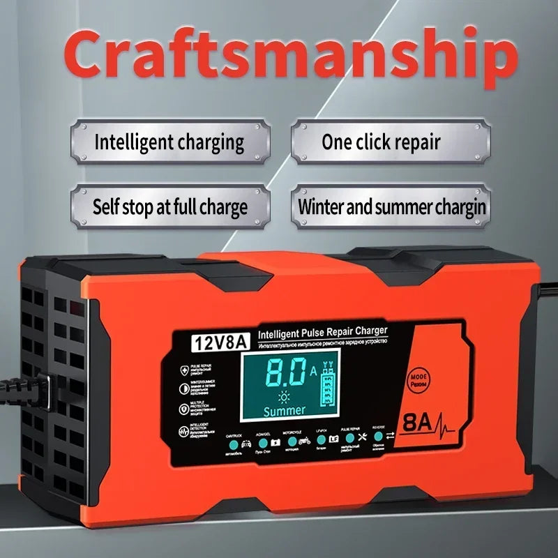 Smart 12V 8A Car Battery Charger Pulse Repair Quick Charge for Auto Moto AGM GEL WET Lead Acid LiFePO4 Battery Charging