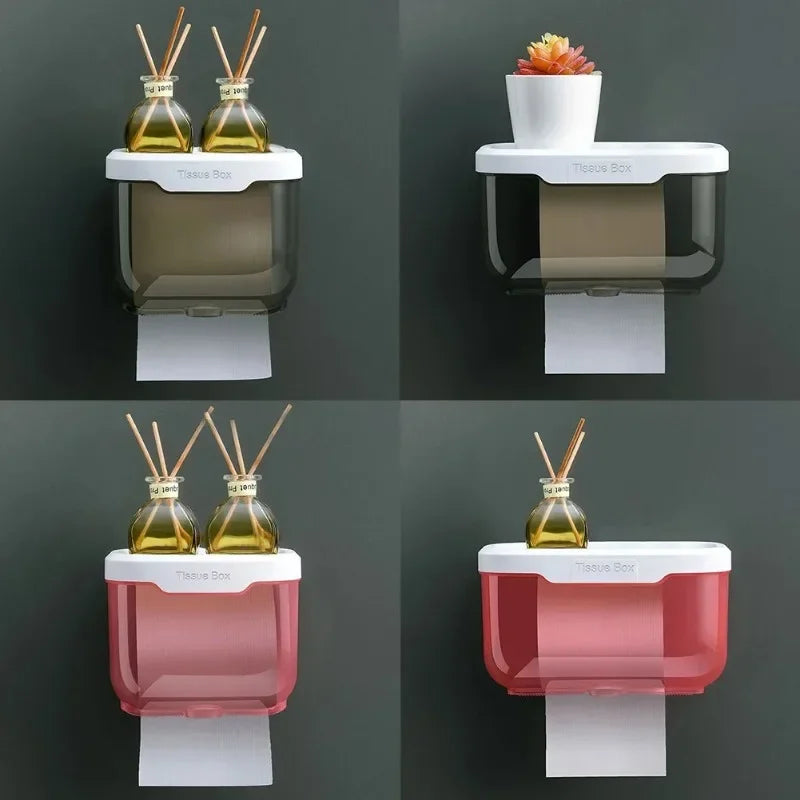 Wall Mounted Toilet Paper Holder Waterproof Tissue Box with Shelf Bathroom Organizer Kitchen Multi Purpose Storage Dispenser