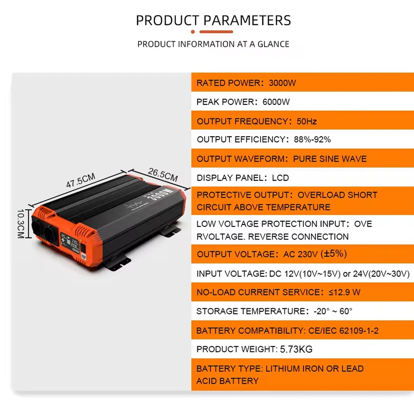 FCHAO 3000W 12V/24V/48V to 220V 230V 50Hz Pure Sine Wave Power Inverter, Car DC-AC Converter with LCD Display & Remote Controller for RV, Truck, Camping, Outdoor, Off-Grid Backup