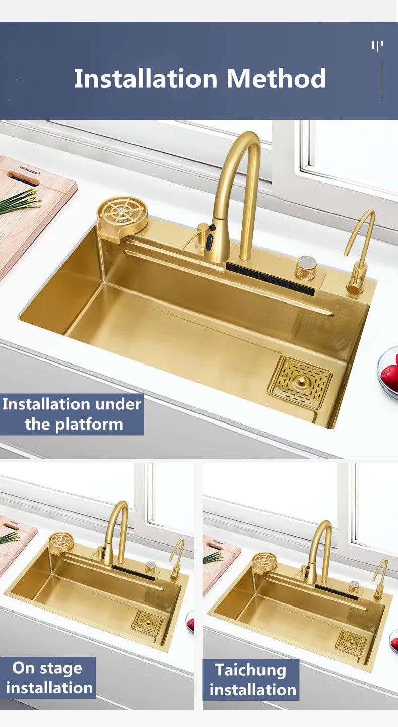 Waterfall Kitchen Sink Single Bowl Kitchen Sinks Gold 304 Stainless Steel Bar Sink With Pull-Faucet，Nano Home Sink  ﻿