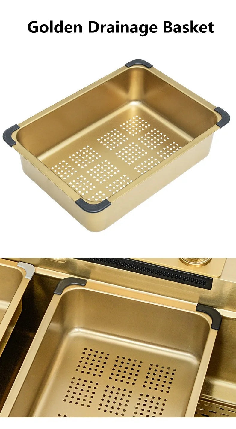 Waterfall Kitchen Sink Single Bowl Kitchen Sinks Gold 304 Stainless Steel Bar Sink With Pull-Faucet，Nano Home Sink  ﻿