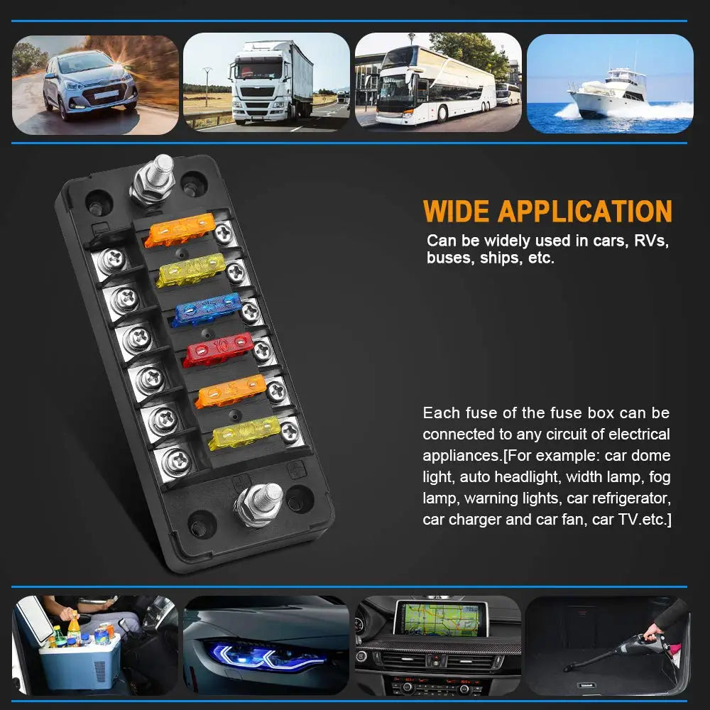 DaierTek 6 Way Fuse Block Blade Fuse Box with Negative Bus 6 Circuit Fuse Holder Fuse Block w/Negative Bus For 12V 24V Auto
