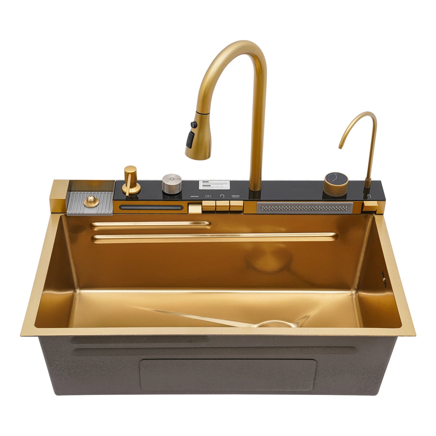 Digital Display Waterfall Kitchen Sink Set with Faucet Hoses| 75*46*22cm Gold Stainless Steel Sink Set for Modern Home
