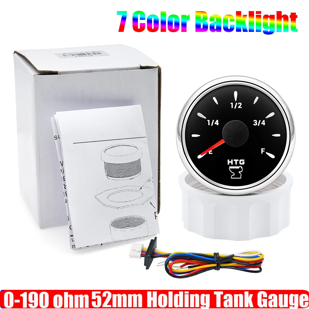 2" 52mm Waste Level Gauge 7 Color LED Holding Tank Gauge 0-190ohm HTG Sewage Level Sensor Steel 100-600mm for Car Boat Custom
