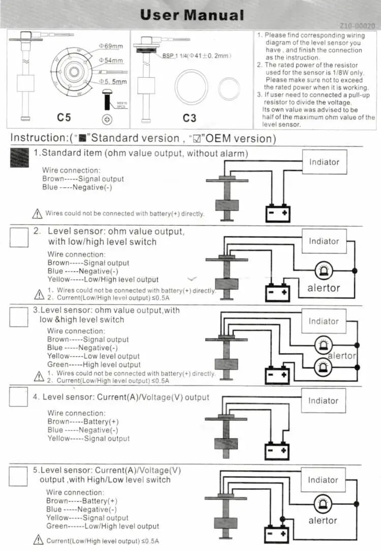 Water Level Gauge Water Level Sensor 52mm Water Level Meter Indicator With Red Light 100-500mm 0-190 Ohm Sensor 12V24V Custom