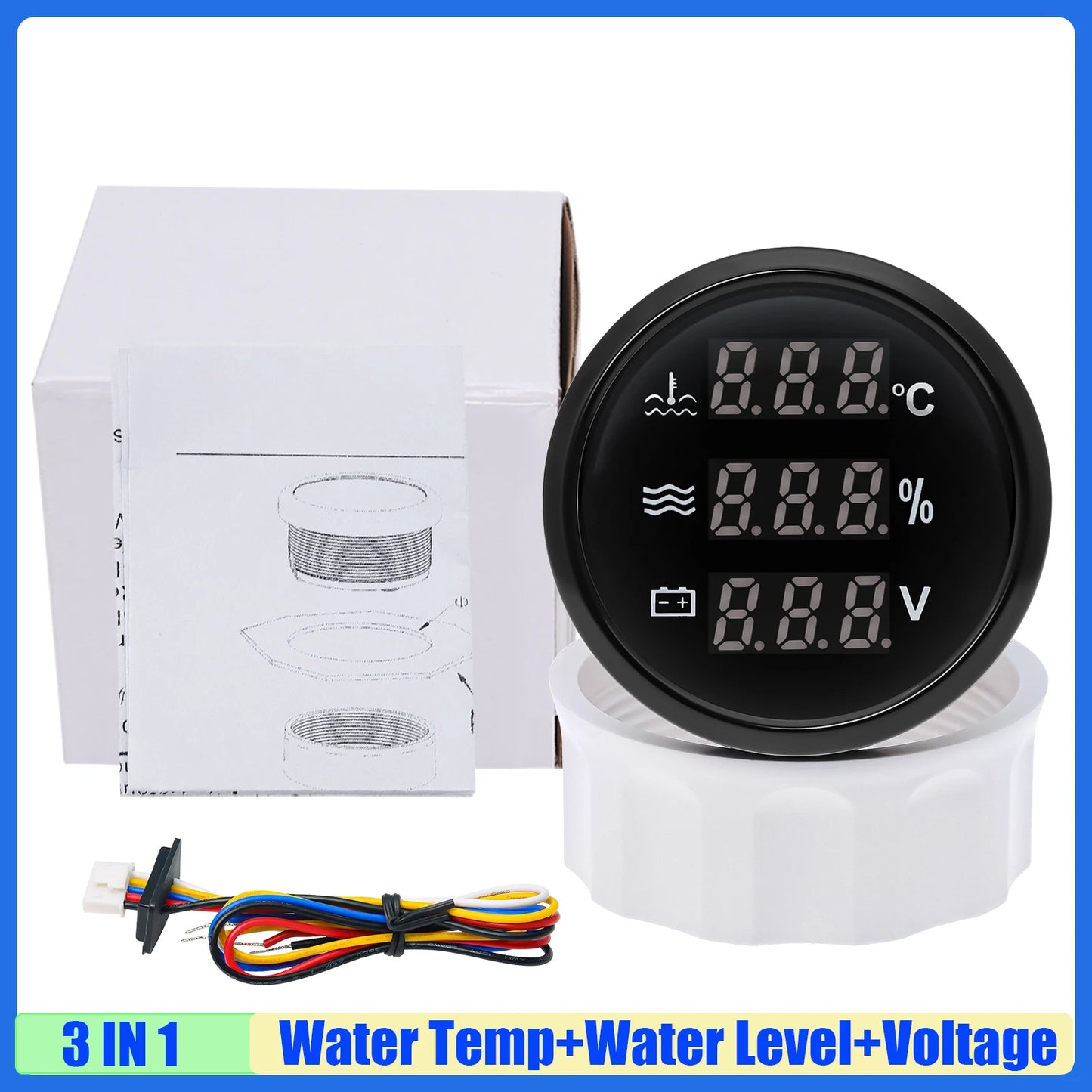 Red Backlight Digital 52mm Gauge Multifunctional Water Temp+Water Level+Voltage with Alarm Sensor for Car Boat Yacht DC12V 24V