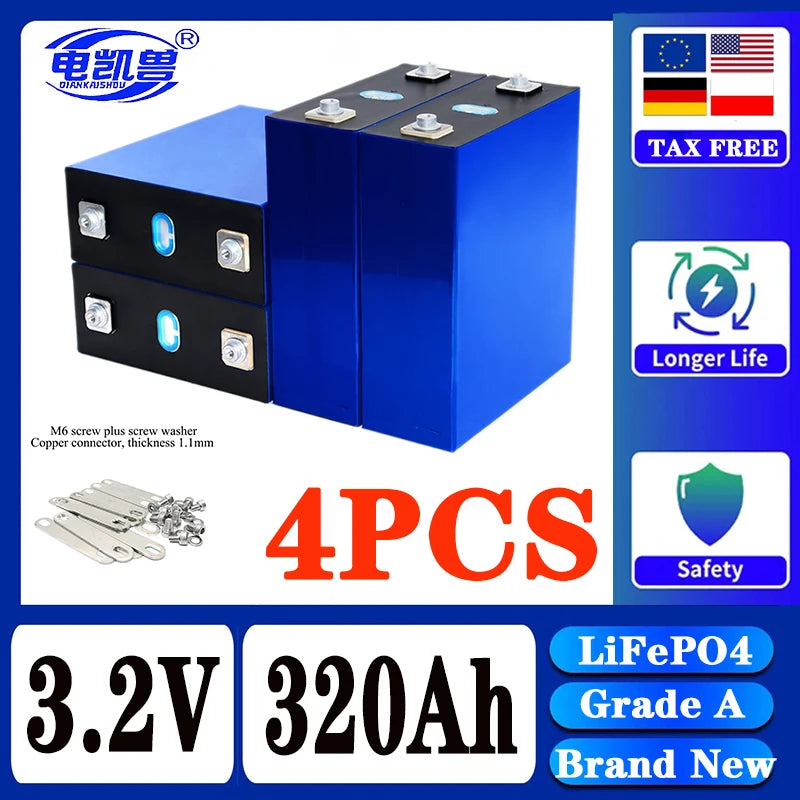 320Ah 8000 cycle LiFePO4 3.2V rechargeable battery, suitable for DIY 12V 24V 48V caravan marine solar energy system no tax