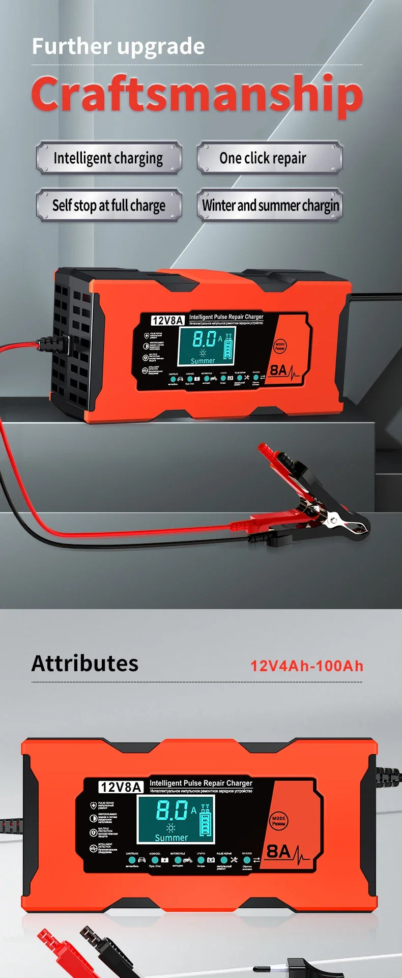 Smart 12V 8A Car Battery Charger Pulse Repair Quick Charge for Auto Moto AGM GEL WET Lead Acid LiFePO4 Battery Charging