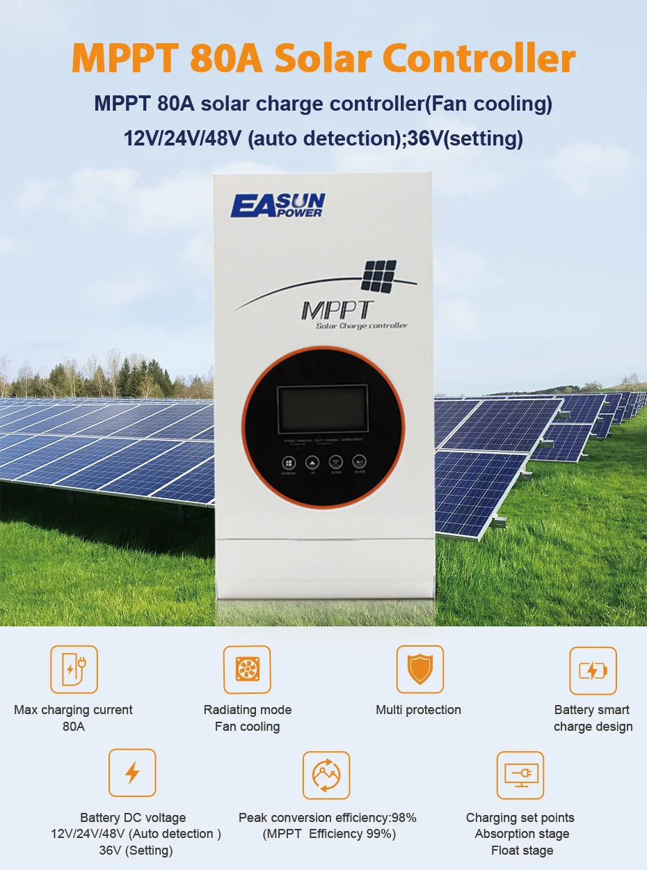 80A MPPT Solar Charge Controller 12V/24V/36V/48V Battery Charger 150VDC Back-light LCD Solar Regulator Short Circuit Protection