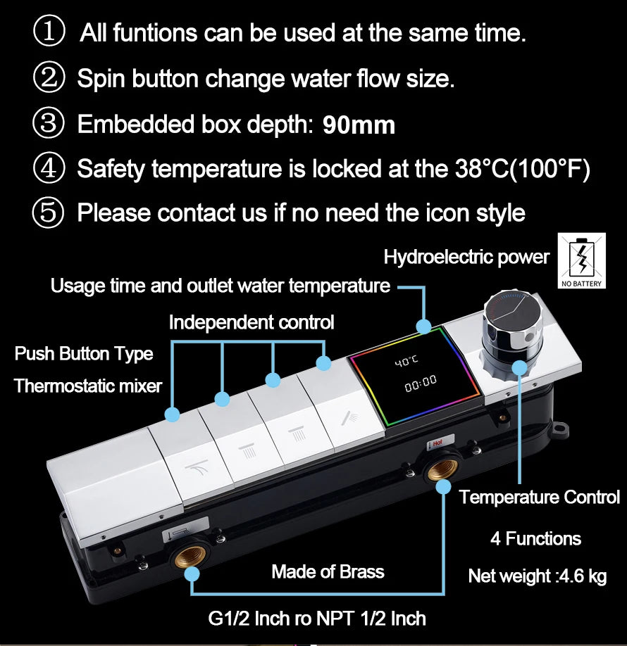 M Boenn Temperature Display Shower System Set Concealed Thermostatic Mixer Bathroom Music Shower Head Lavish Rainfall Experience