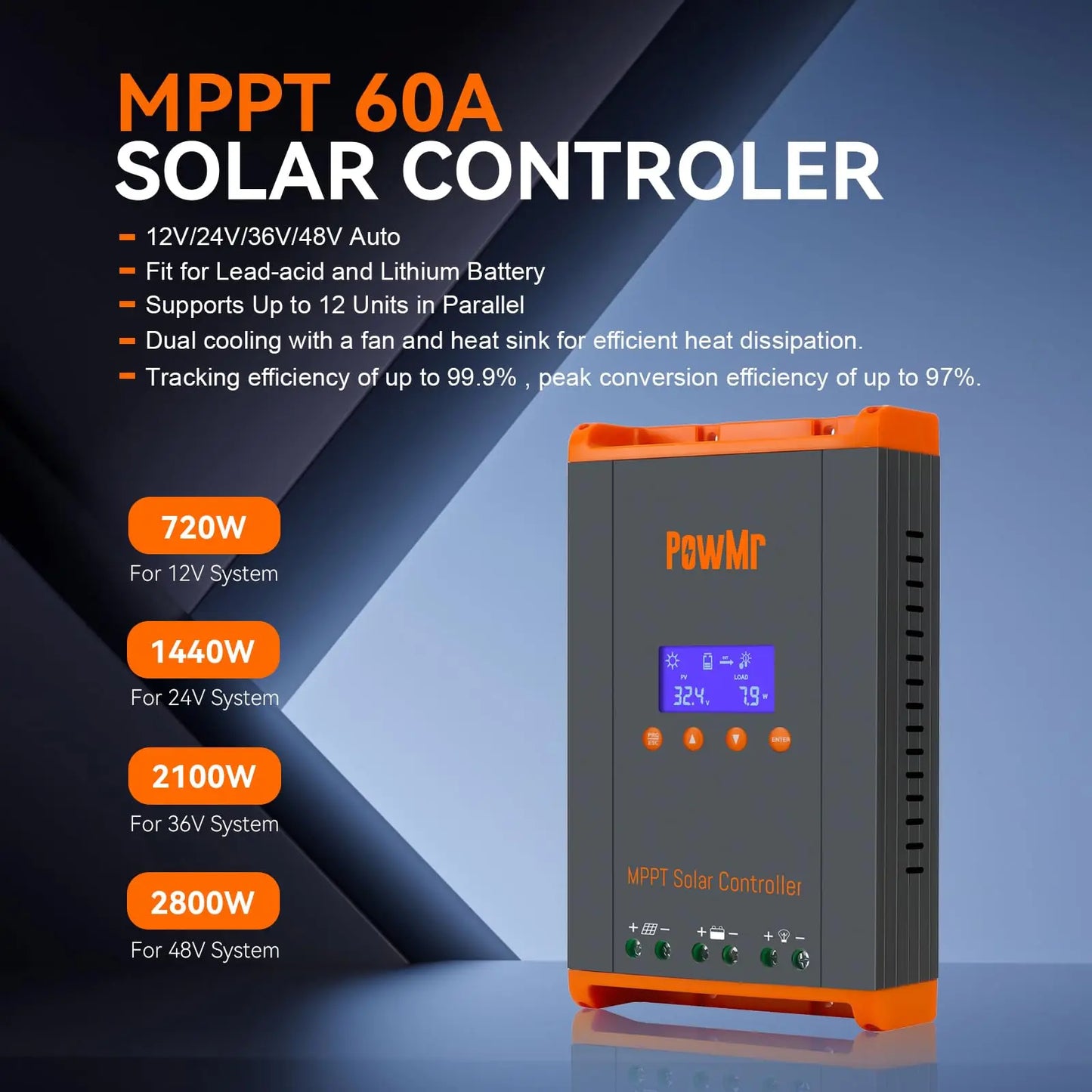 PowMr 60A MPPT Solar Charge Controller 3 Stages Charging for 12V 24V 36V 48V Battery 160VDC Solar Panel Can Parallel 12 Units