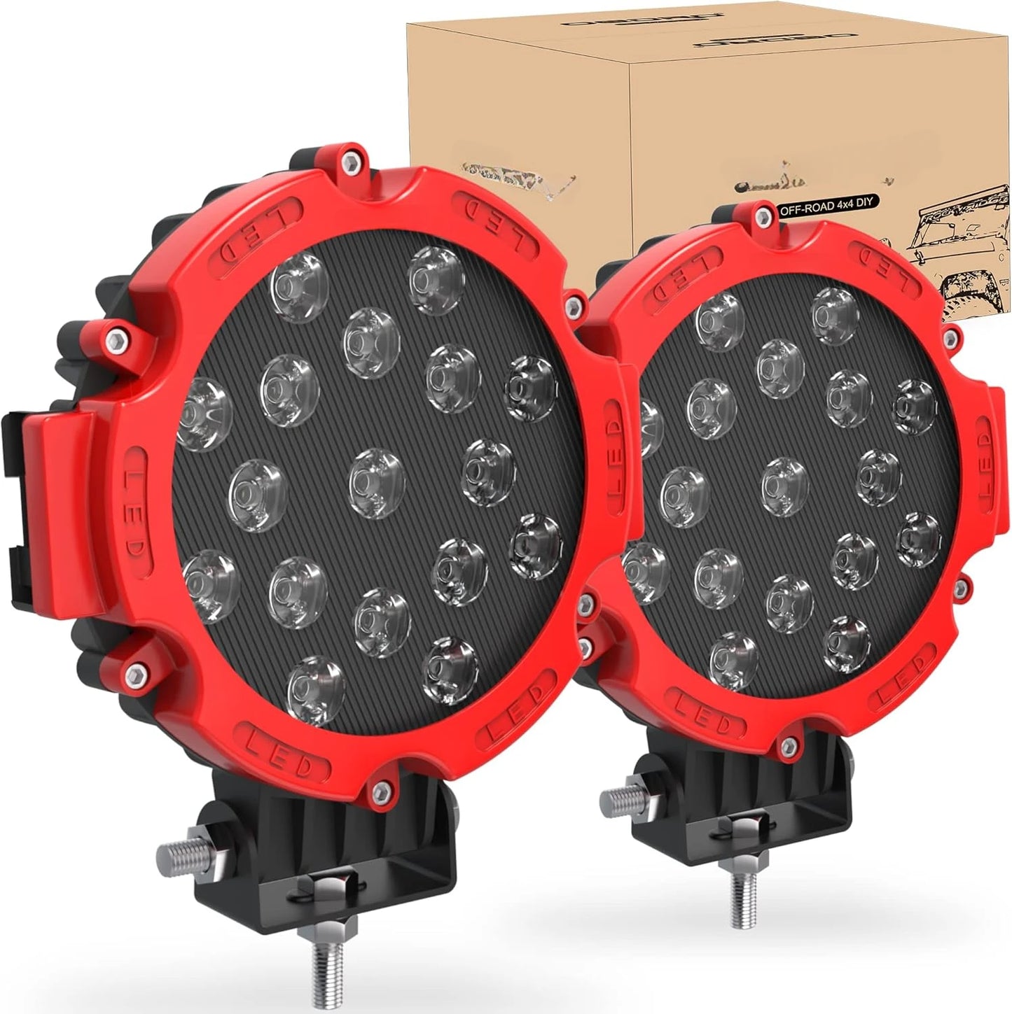 2PCS 7 Inch 51W Round LED Offroad Lights, 5100LM Spot Driving Light Pod Bumper Roof Fog Light Fit for Boat, Jeep, ATV, SUV