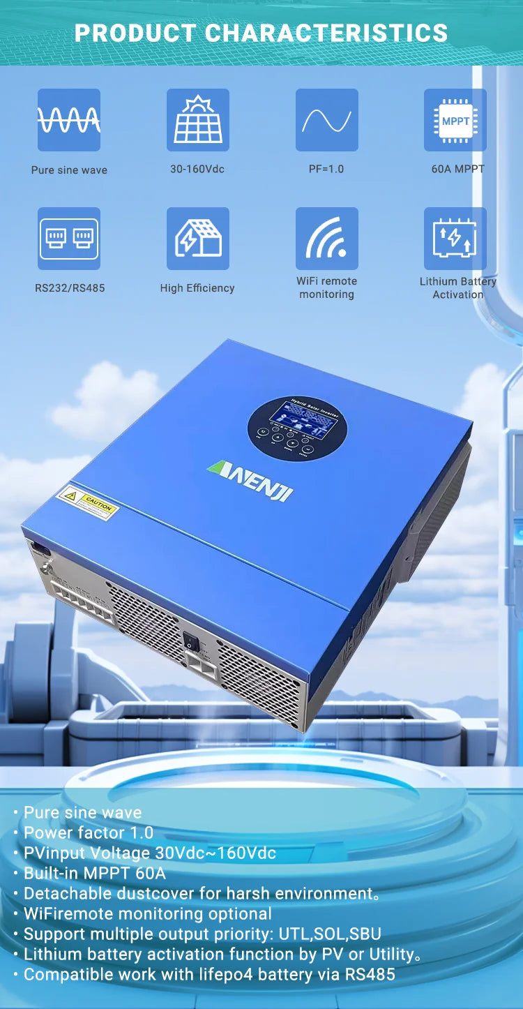 Hybrid Solar Inverter 11KW 6.2KW 4.2KW 2KW MPPT Pure Sine Inverter 48V 24V 12V Built-in 160A 120A 100A  Solar Charger PV 500VDC