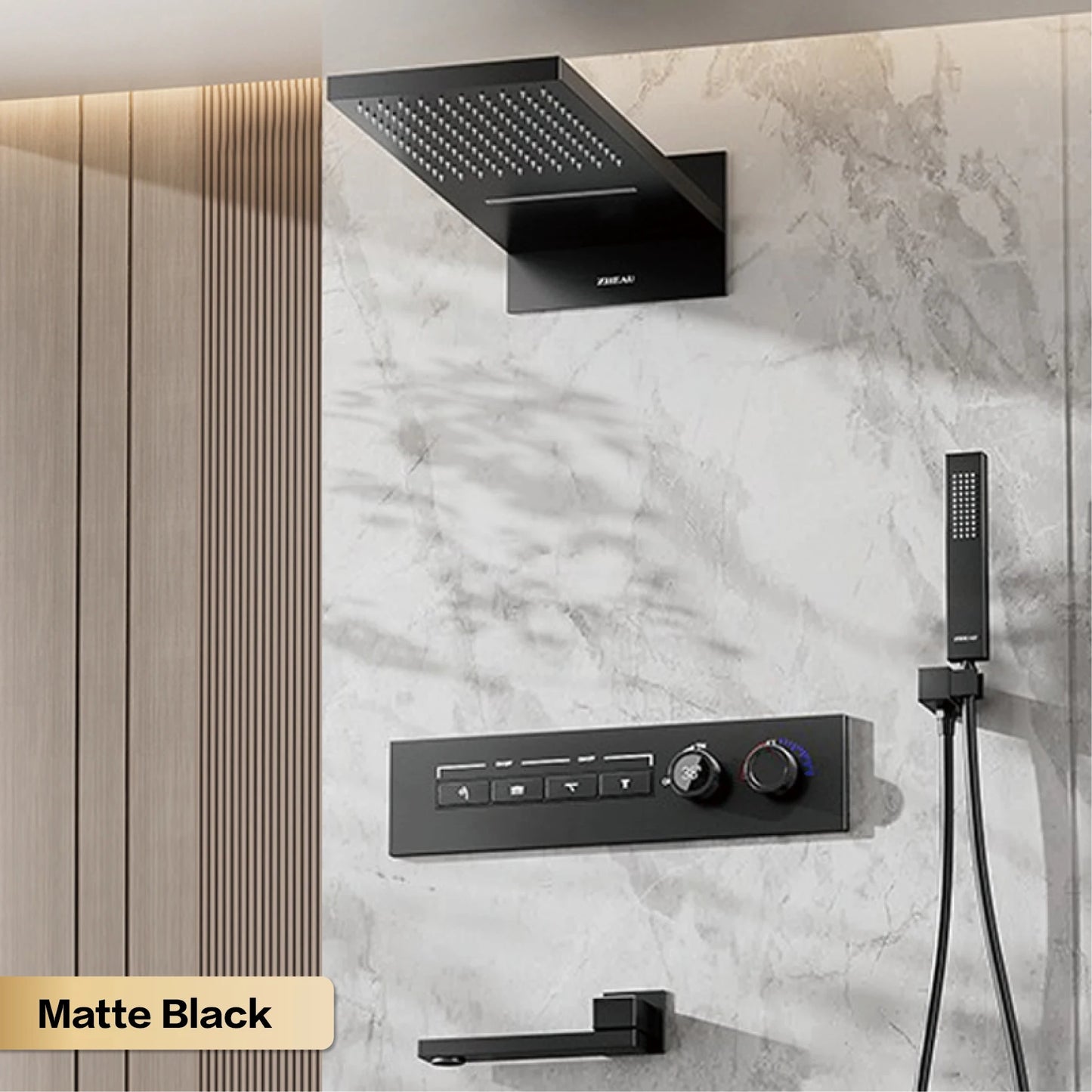 Modern brushed gold brass LED digital ceiling embedded shower system. Thermostatic 4-function waterfall/rain shower bathroom Tap