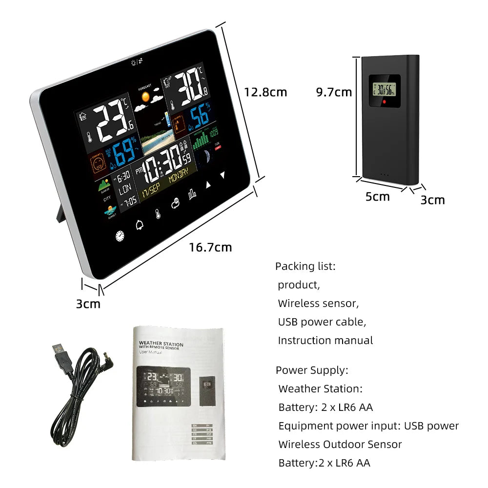 Weather Station Alarm Clock Thermometer Hygrometer Touch Screen Wireless Sensor Sunrise Sunset Multifunction Hygrothermograph