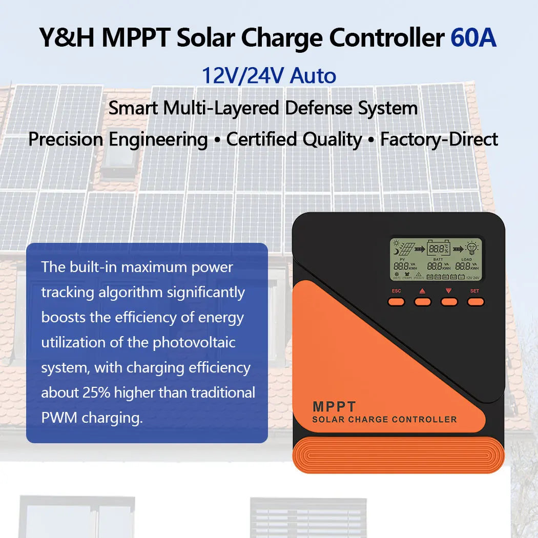 Y&H MPPT Solar Charge Controller 20A 40A 60A 12V 24V for GEL SLD FLD LI Battery Voltage Regulator MAX PV Input 50 ro 100V