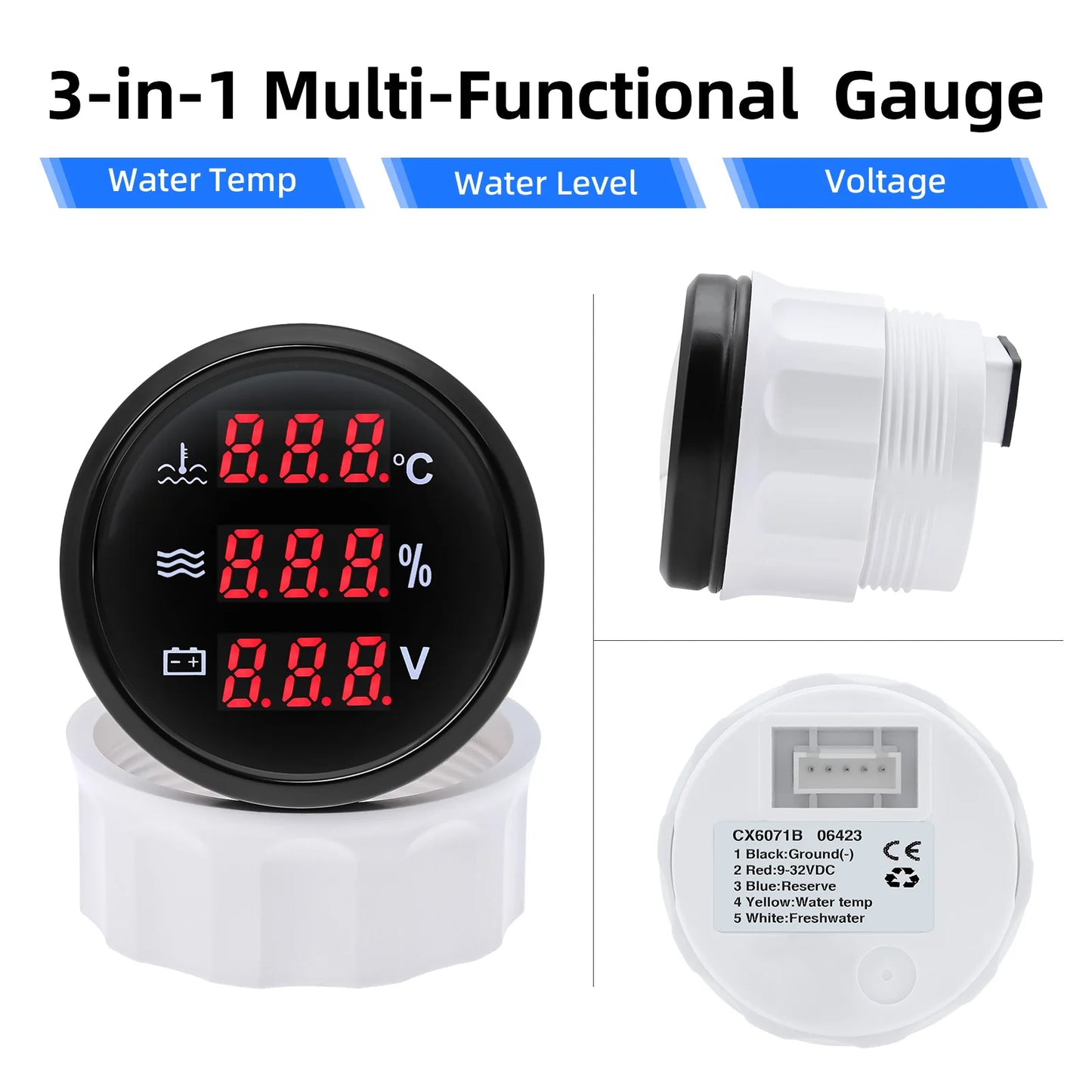 Red Backlight Digital 52mm Gauge Multifunctional Water Temp+Water Level+Voltage with Alarm Sensor for Car Boat Yacht DC12V 24V