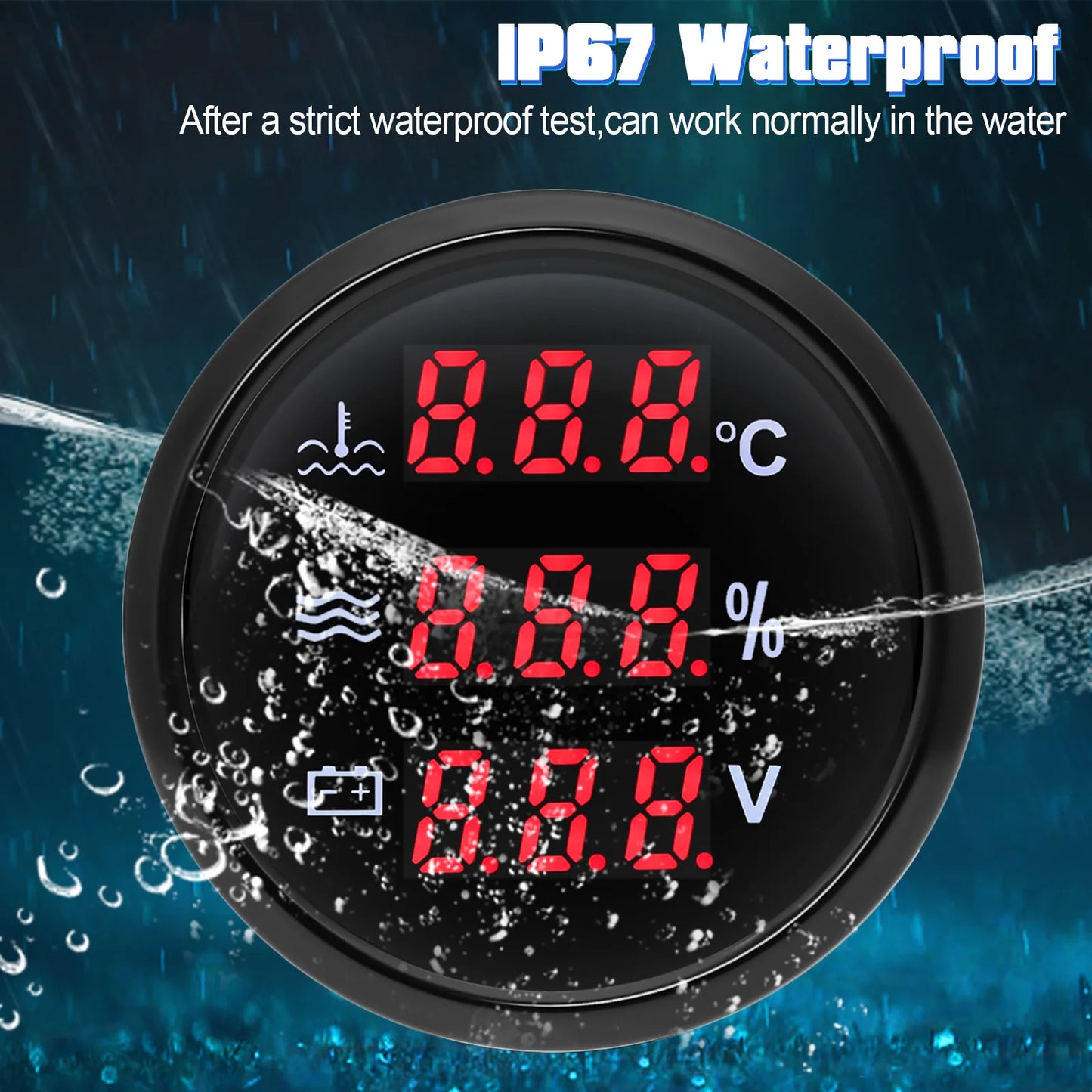 Red Backlight Digital 52mm Gauge Multifunctional Water Temp+Water Level+Voltage with Alarm Sensor for Car Boat Yacht DC12V 24V