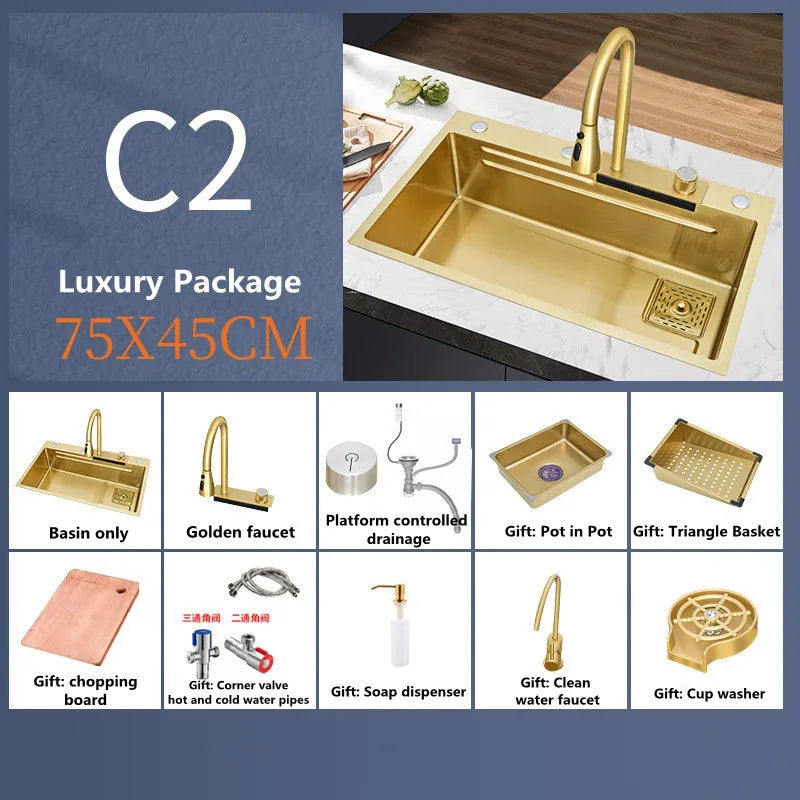 Waterfall Kitchen Sink Single Bowl Kitchen Sinks Gold 304 Stainless Steel Bar Sink With Pull-Faucet，Nano Home Sink  ﻿