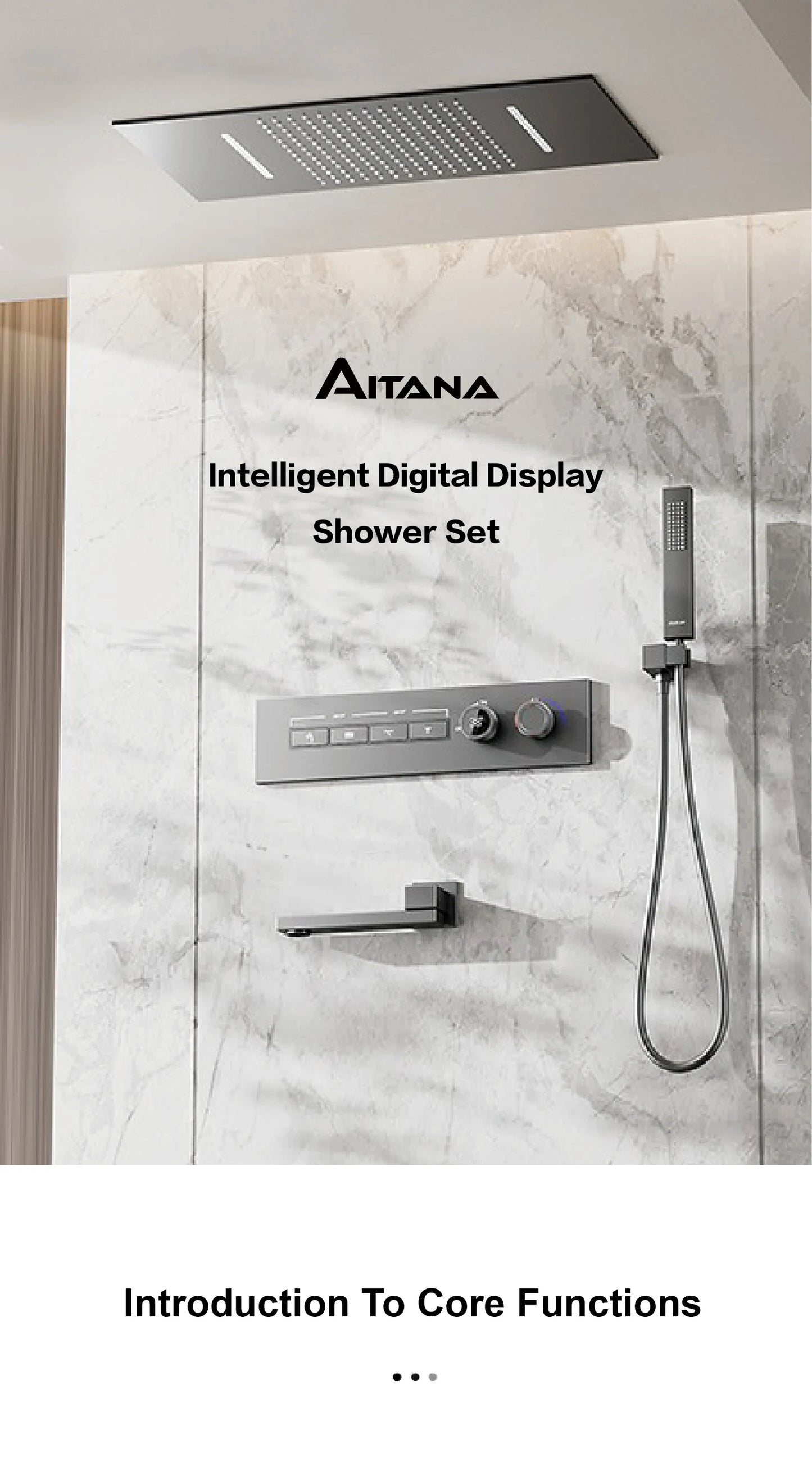 Modern brushed gold brass LED digital ceiling embedded shower system. Thermostatic 4-function waterfall/rain shower bathroom Tap