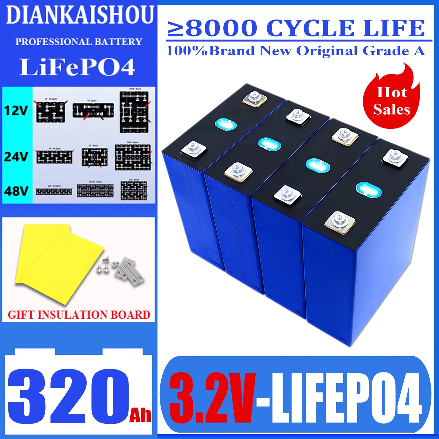 10000 Cycles 3.2V 320Ah 340AH Lifepo4 Rechargeable Battery Grade A DIY12V 24V 48V RV EV Boat Golf solar energy camping duty-free