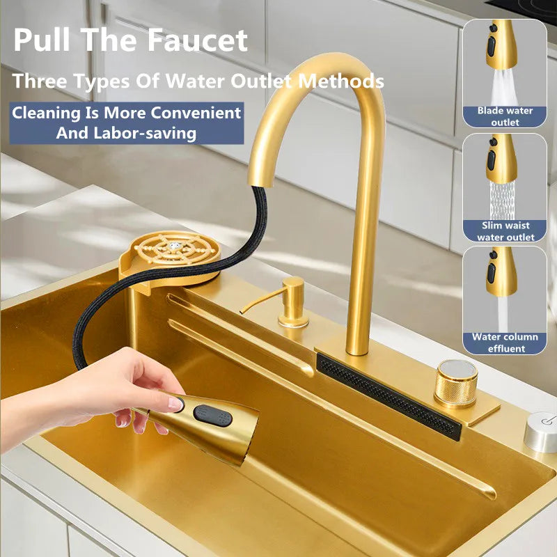 Waterfall Kitchen Sink Single Bowl Kitchen Sinks Gold 304 Stainless Steel Bar Sink With Pull-Faucet，Nano Home Sink  ﻿