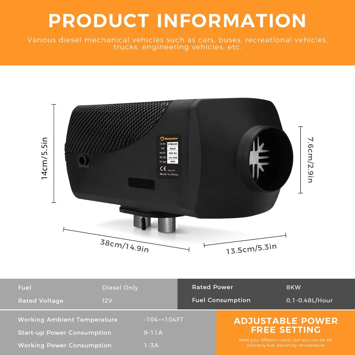 Sunster 8KW Air Diesel Heater 12V Diesel Parking Heater LCD Switch Diesel Heater Muffler for RV Motorhome Trailer Trucks Boats
