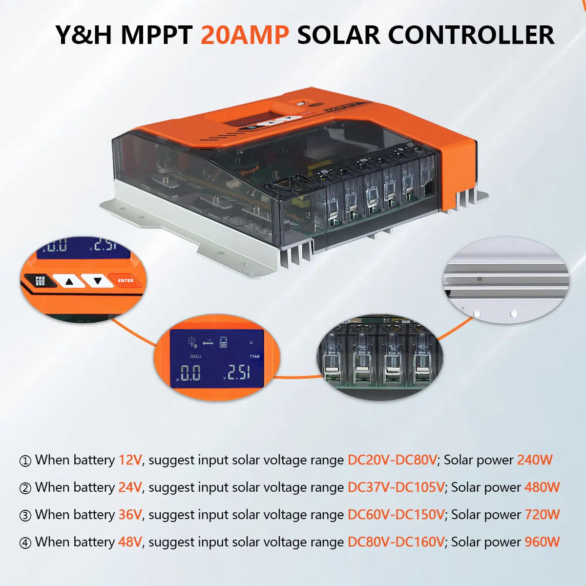 Y&H MPPT 20A 40A 60A Solar Charger Controller 12V 24V 36V 48V Battery Regulator Max PV Input 150VDC For AGM, Gel, Flooded and Li