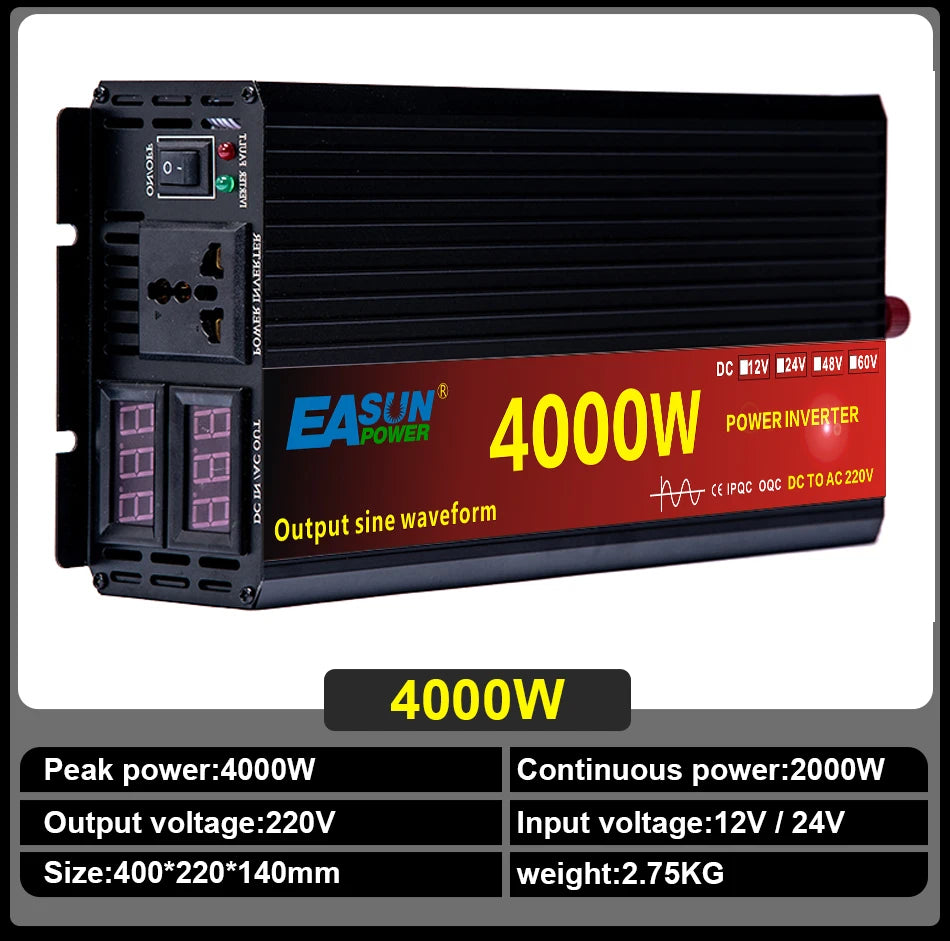 Car Pure Sine Wave Inverter DC 12V 24V To AC 220V 3000W 4000W 5000W Voltage Transformer Power Converter Solar Inverter LCD Dis