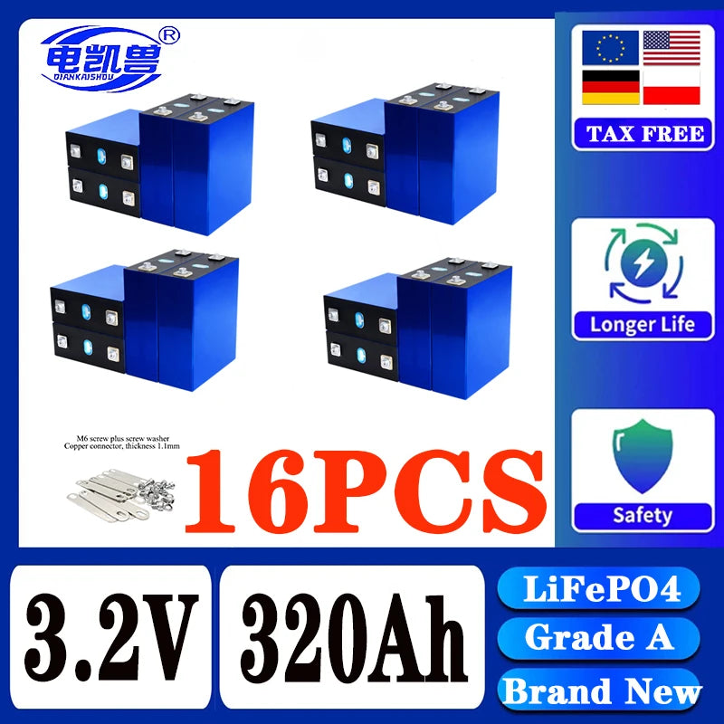 320Ah 8000 cycle LiFePO4 3.2V rechargeable battery, suitable for DIY 12V 24V 48V caravan marine solar energy system no tax