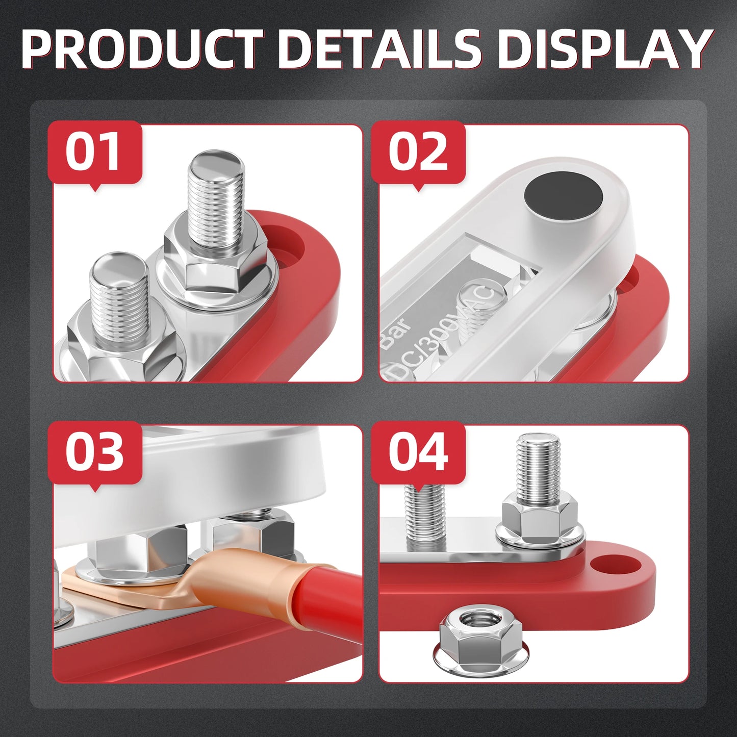 DaierTek Bus Bar 12V Power Distribution Block with Cover 5 x 1/4" Studs Terminal Block Max 150A 48VDC Positive Negative for Auto