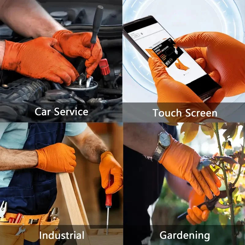 Heavy Duty Orange Nitrile Gloves 8Mil Industrial Disposable Gloves with Diamond Textured Grip for Mechanic Safety & Work Gloves