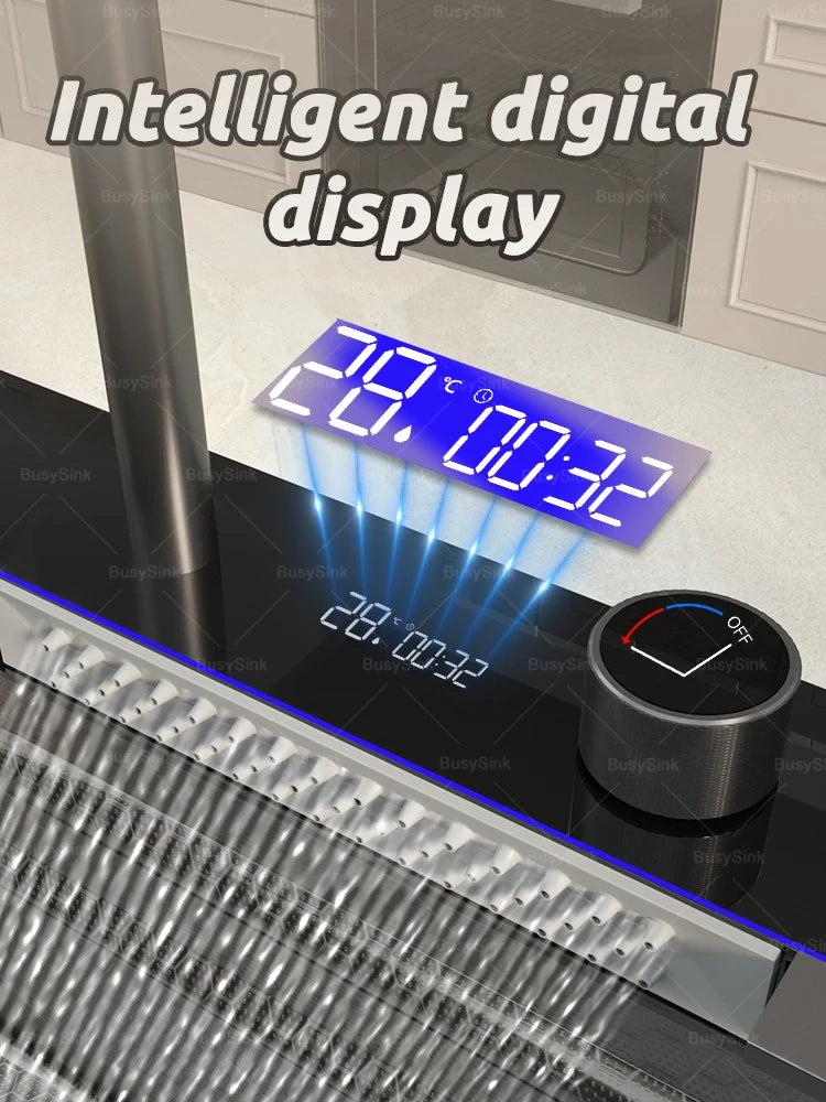 100x50cm Stainless Steel Waterfall Kitchen Sink With Knife Holder Digital Display Faucet Set Embossed Extra Large Single Slot