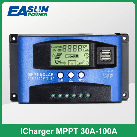 MPPT Solar Charge Controller 30A 40A 50A 60A 100A Dual USB LCD Display 12V 24V Solar Cell Panel Charger Regulator with Load