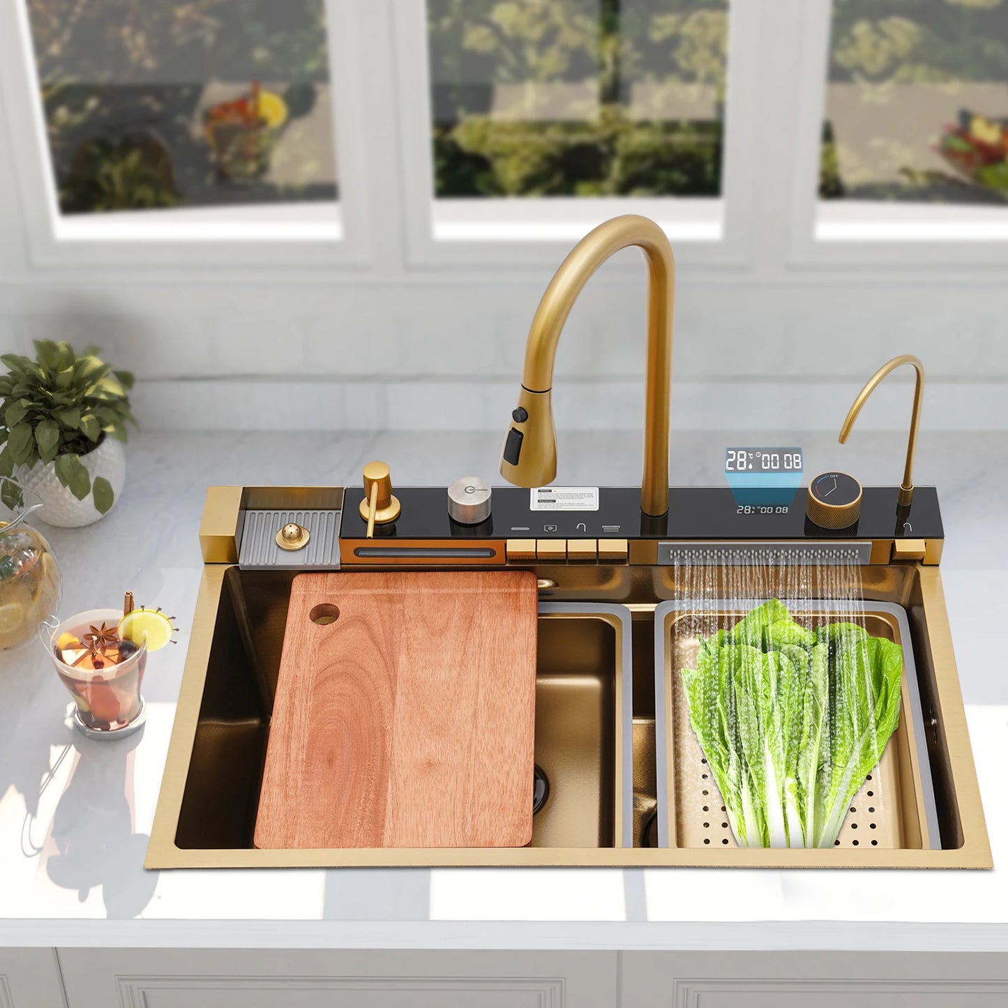 Digital Display Waterfall Kitchen Sink Set with Faucet Hoses| 75*46*22cm Gold Stainless Steel Sink Set for Modern Home