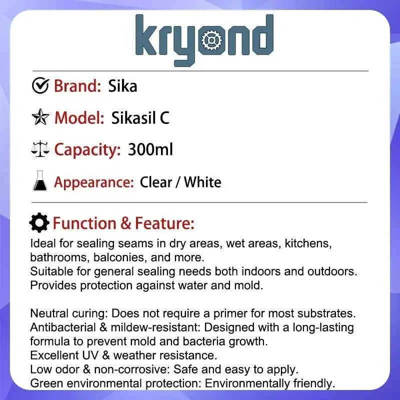 Sika Sikasil C 300ml Silicone Sealant for Kitchen & Bath Mold & Mildew Resistant